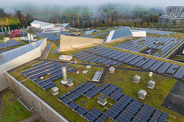 Renewable energy in an urban context – aerial view of the solar installation at Westside Bern.